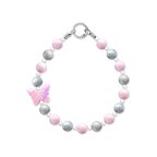 JOGIA butterfly beaded dog collar with pink and gray beads and a pastel butterfly charm.