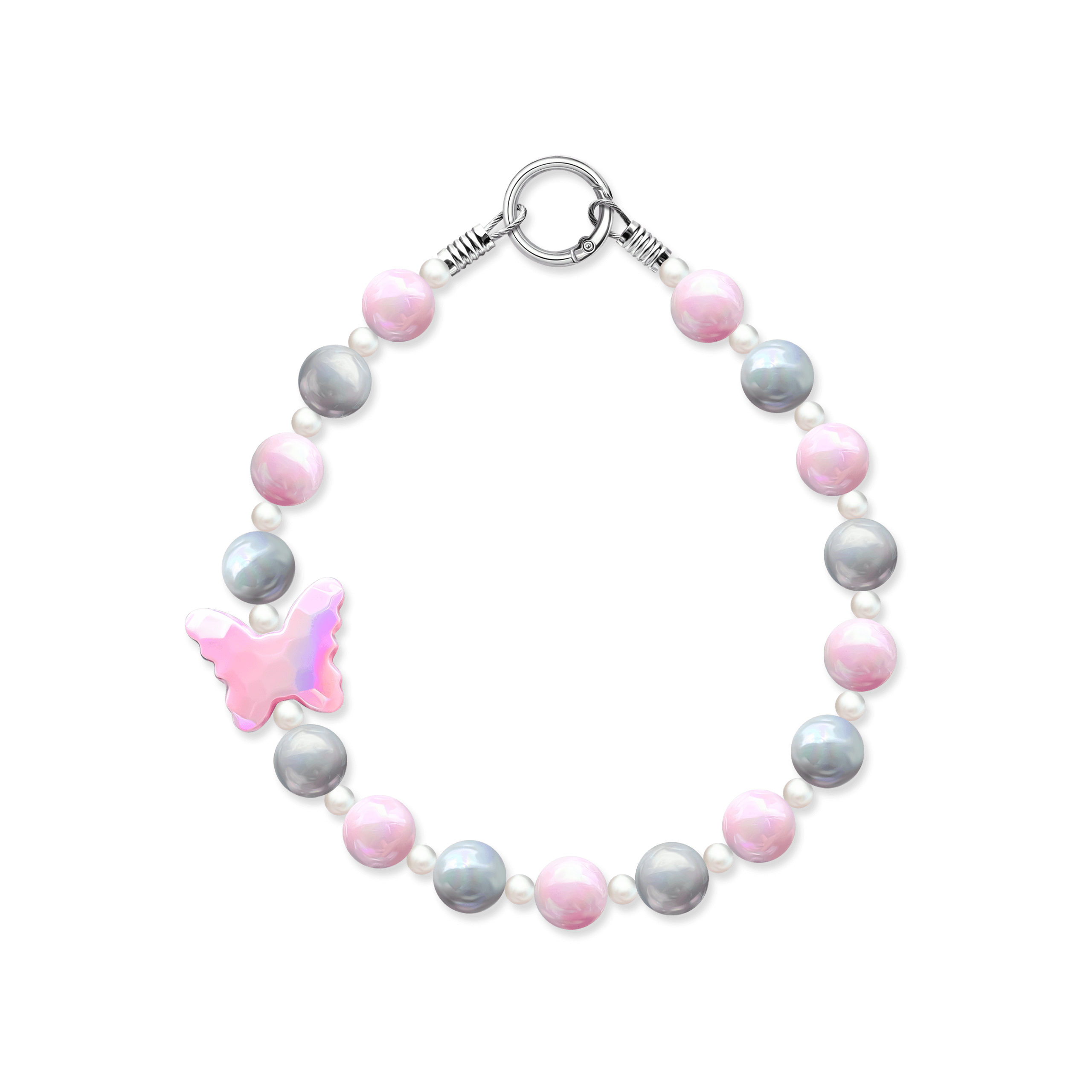 JOGIA butterfly beaded dog collar with pink and gray beads and a pastel butterfly charm.