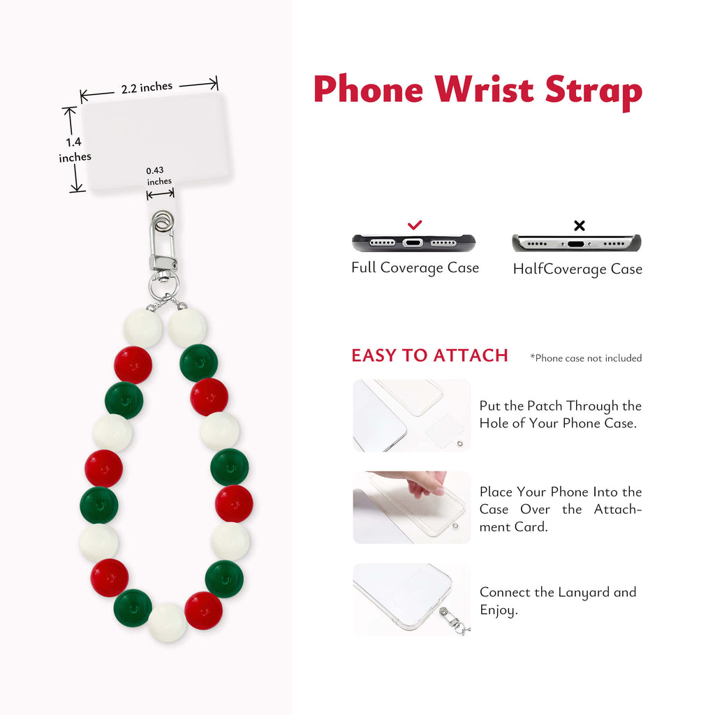 Christmas beaded phone wrist strap with attachment instructions shown beside the product.