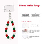 Christmas beaded phone wrist strap with attachment instructions shown beside the product.