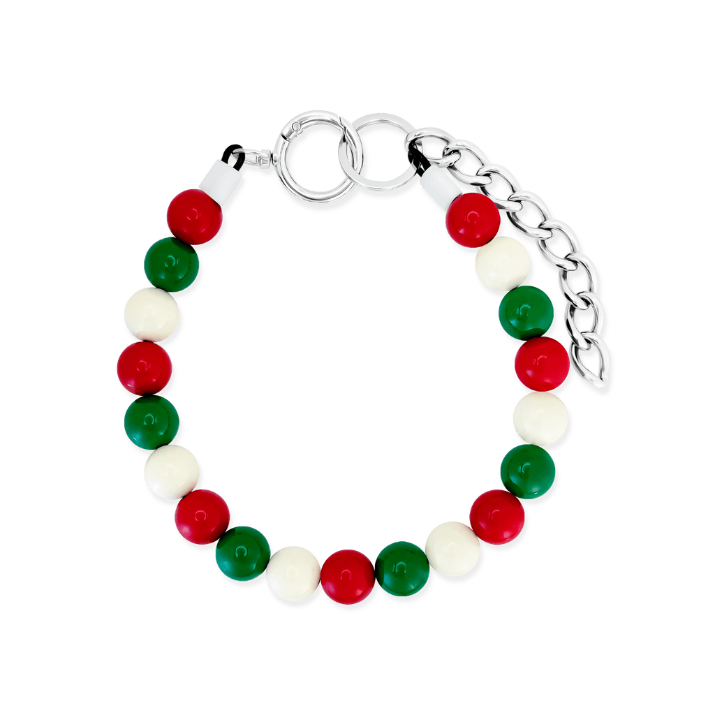 Christmas beaded dog collar in red, green, and cream with extension chain by JOGIA.