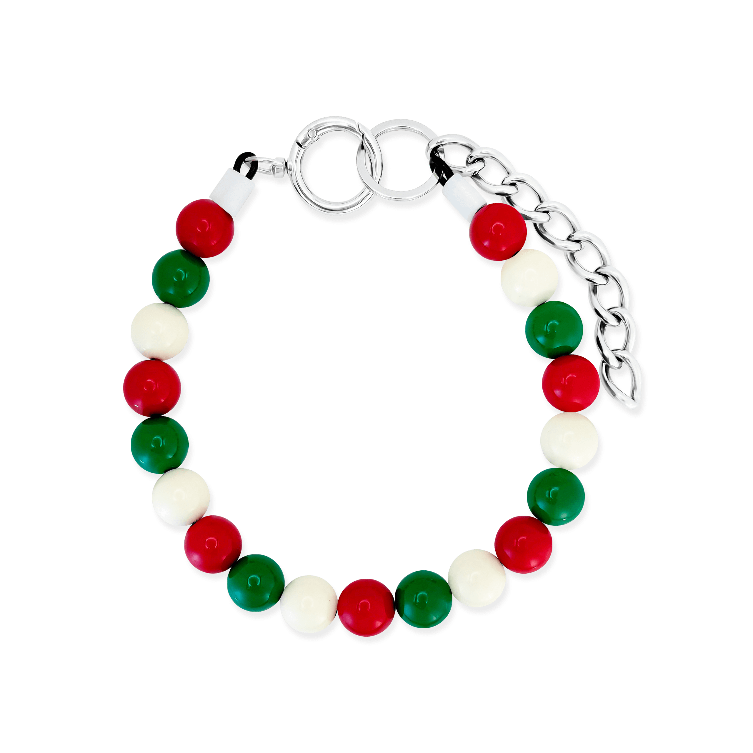Christmas beaded dog collar in red, green, and cream with extension chain by JOGIA.
