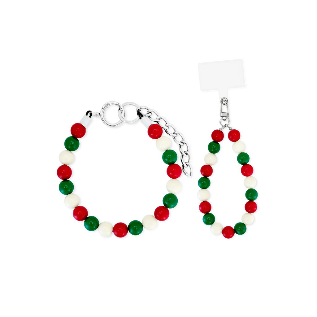 JOGIA Christmas matching set — beaded dog collar and phone wrist strap in festive red, green, and cream.