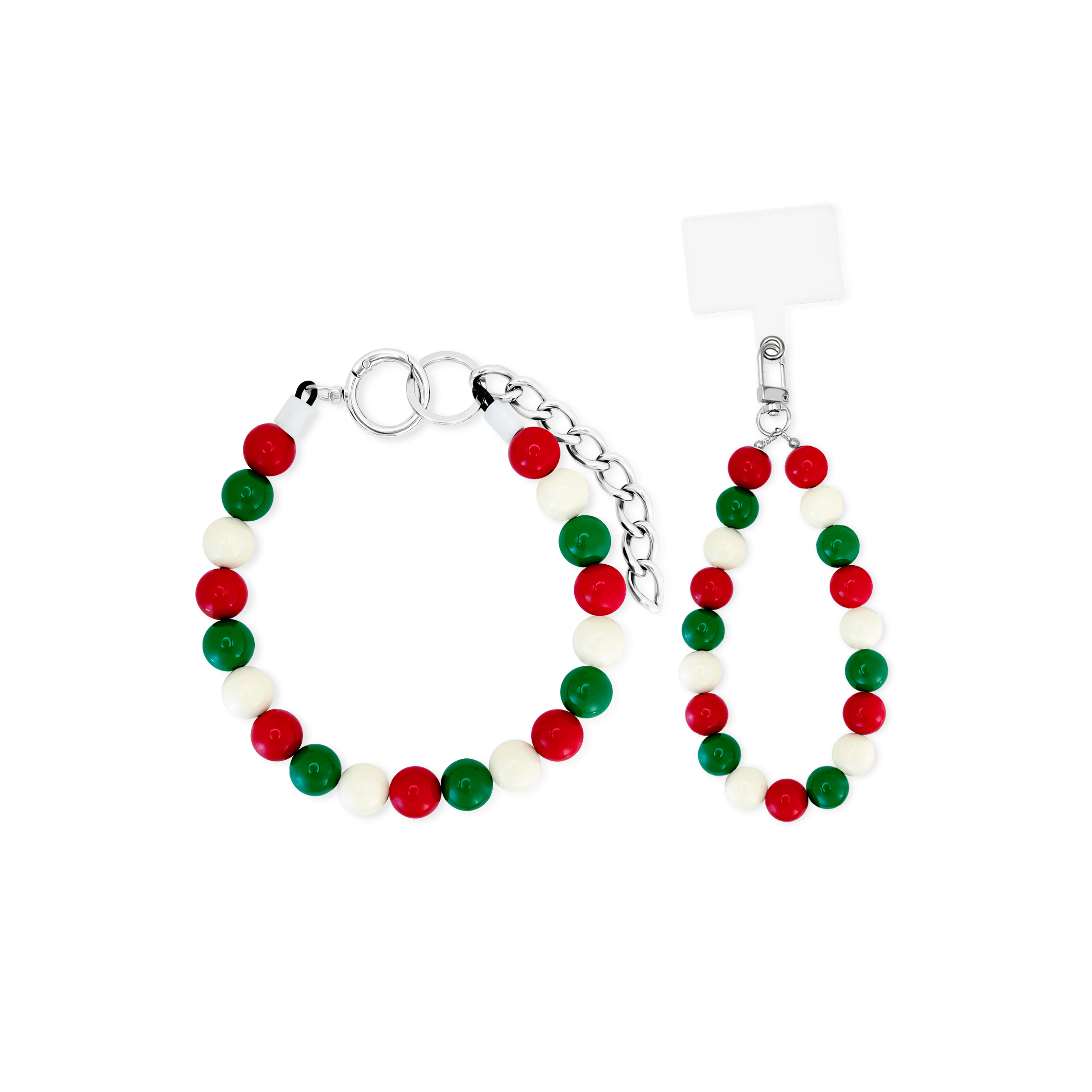 JOGIA Christmas matching set — beaded dog collar and phone wrist strap in festive red, green, and cream.