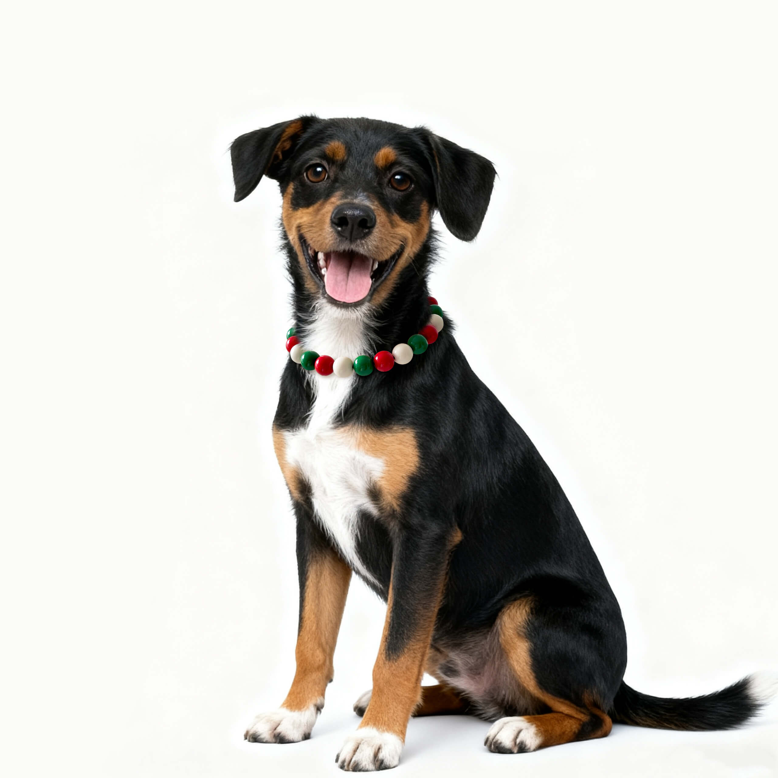 Medium-sized dog wearing the JOGIA Christmas beaded collar on a clean studio background.