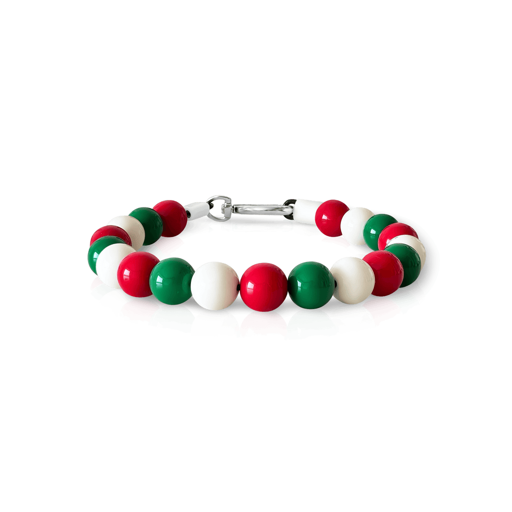 JOGIA festive beaded phone wrist strap featuring red, green, and cream Christmas beads.
