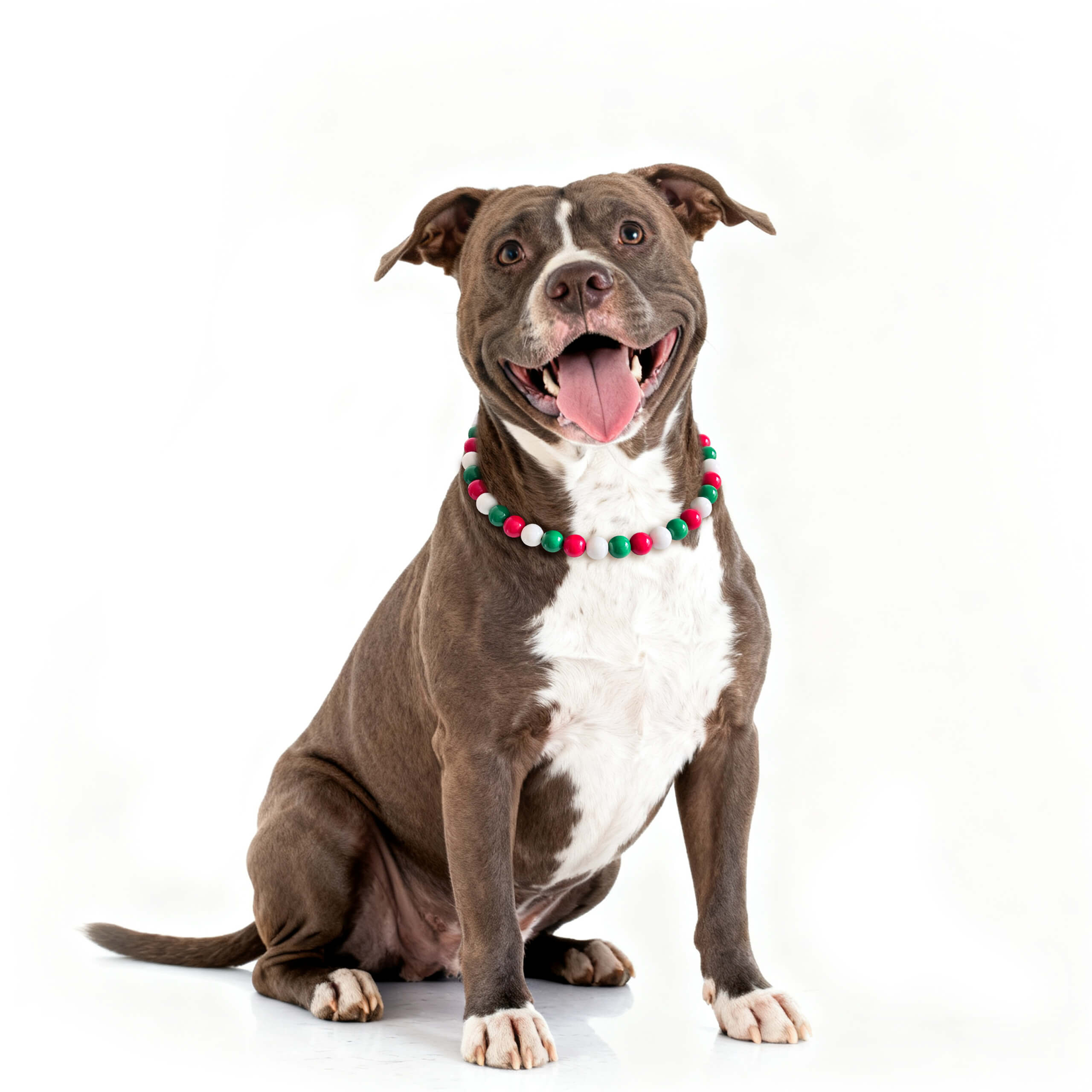 Another dog model wearing the JOGIA Christmas beaded dog collar sitting on a white background.