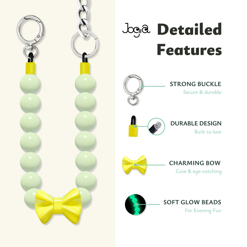 JOGIA detailed features graphic showing glow beads, durable clasp, bow charm, and chain design.