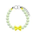 JOGIA glow-in-the-dark beaded dog collar with pale green beads, yellow bow charm, and extension chain.