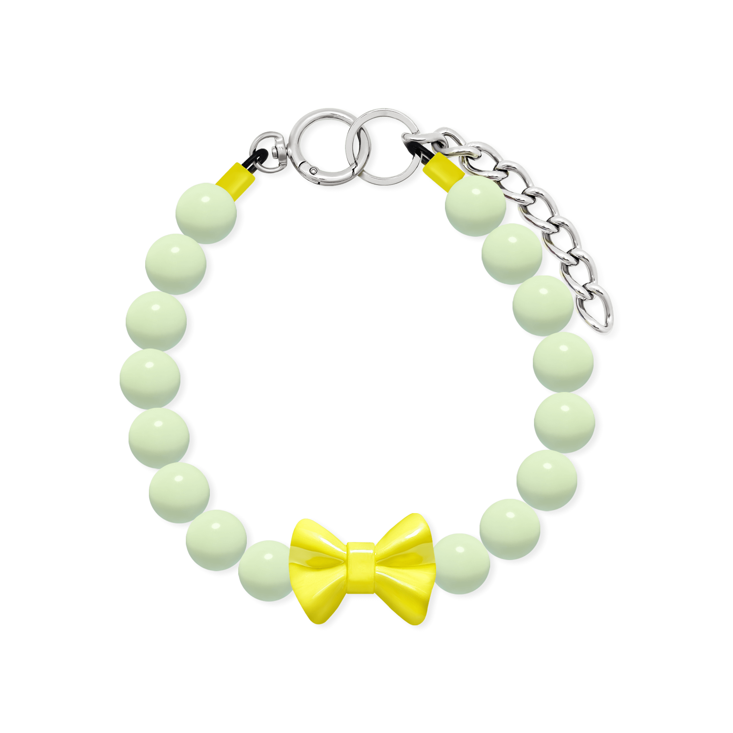 JOGIA glow-in-the-dark beaded dog collar with pale green beads, yellow bow charm, and extension chain.