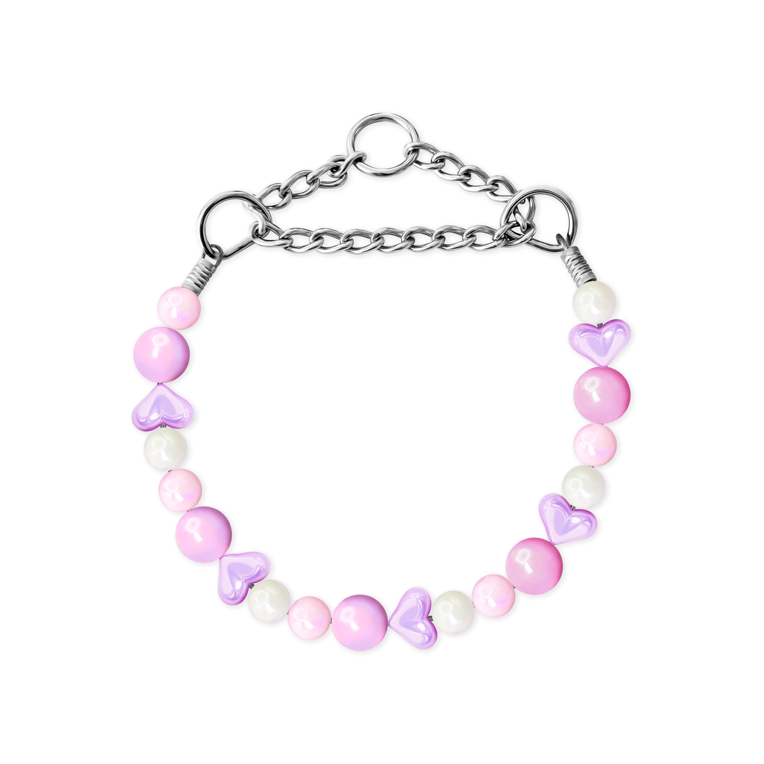 JOGIA pink beaded dog collar with heart-shaped beads and stainless-steel martingale chain.