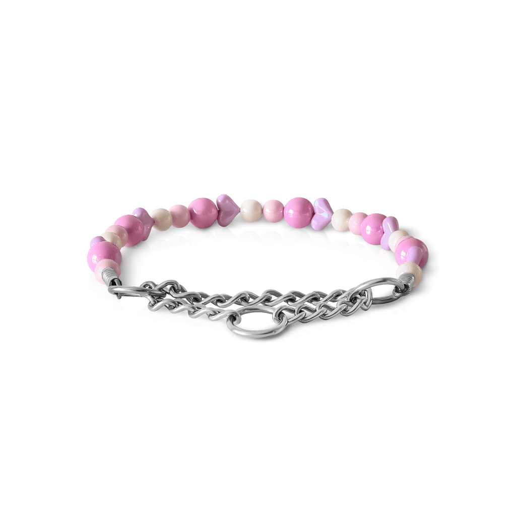 JOGIA pink heart beaded dog collar photographed on a white background.
