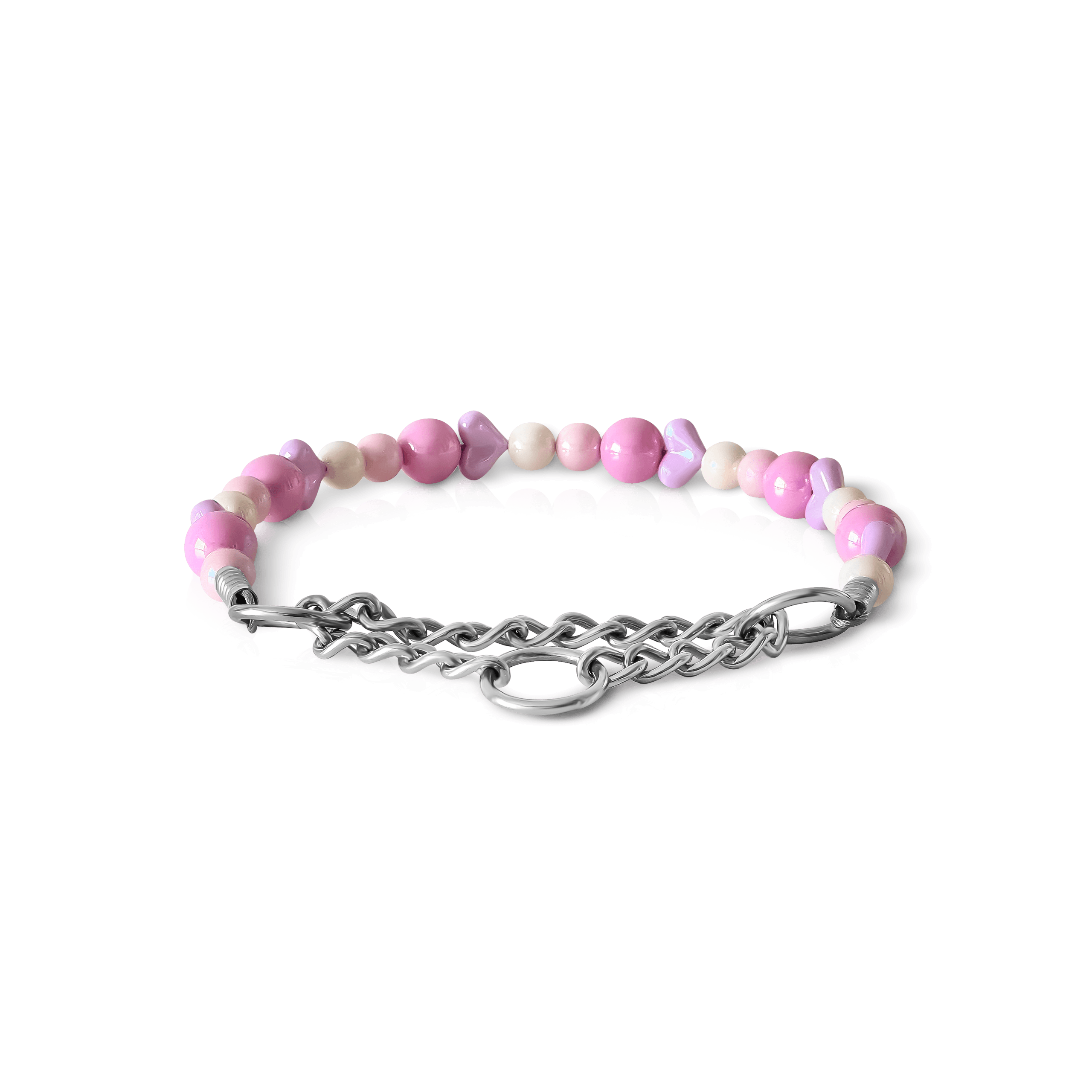 JOGIA pink heart beaded dog collar photographed on a white background.