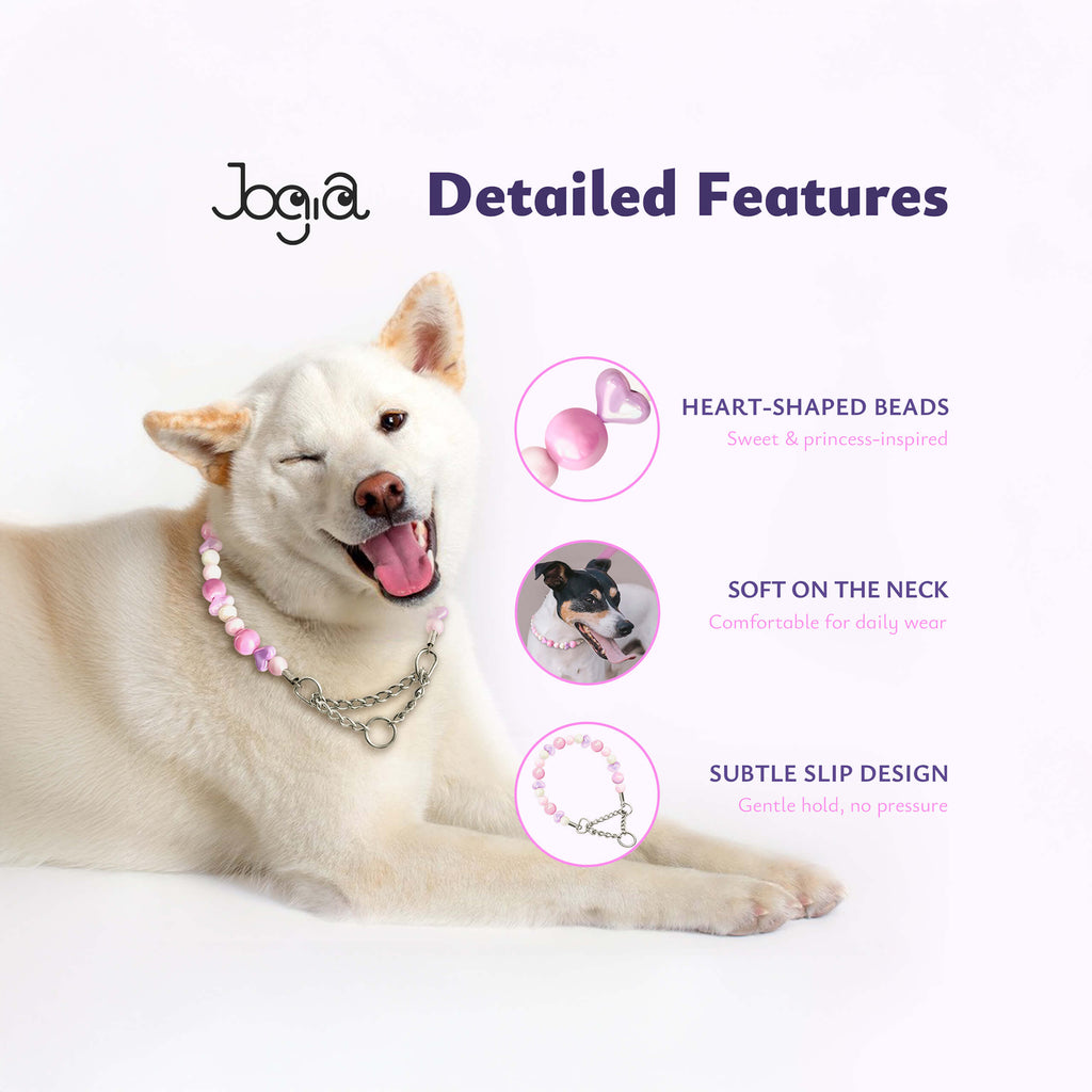 JOGIA detailed features graphic showing pink heart beads, soft finish, and martingale chain.