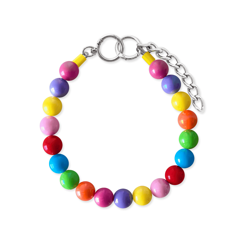 JOGIA rainbow beaded dog collar with extension chain, featuring bright multicolor beads.
