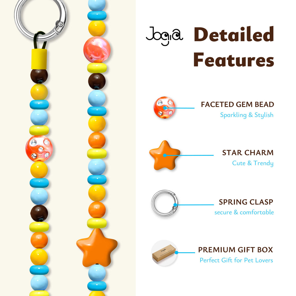 JOGIA detailed features graphic showing star charm, faceted beads, clasp, and packaging.