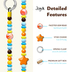 JOGIA detailed features graphic showing star charm, faceted beads, clasp, and packaging.