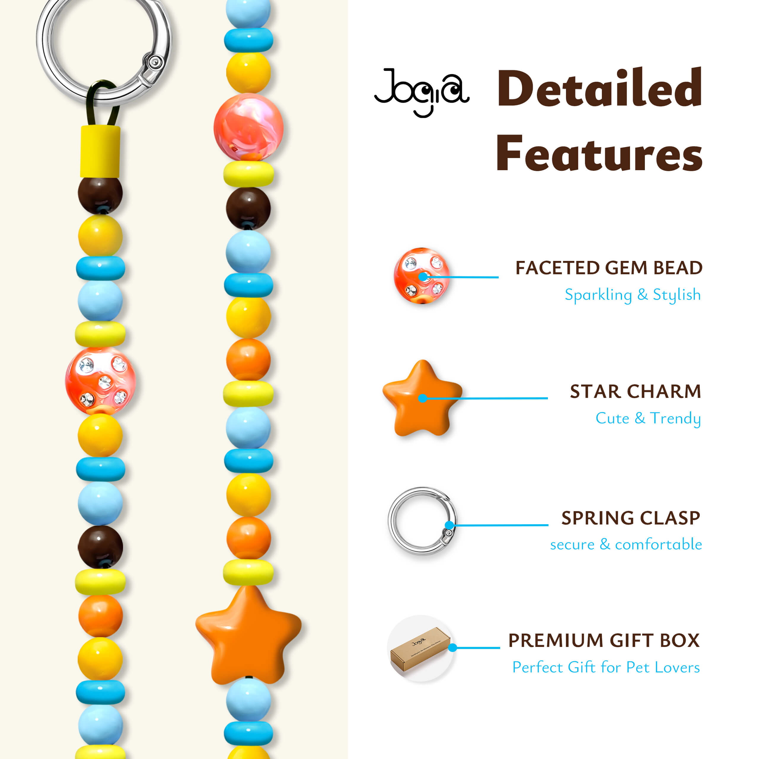 JOGIA detailed features graphic showing star charm, faceted beads, clasp, and packaging.
