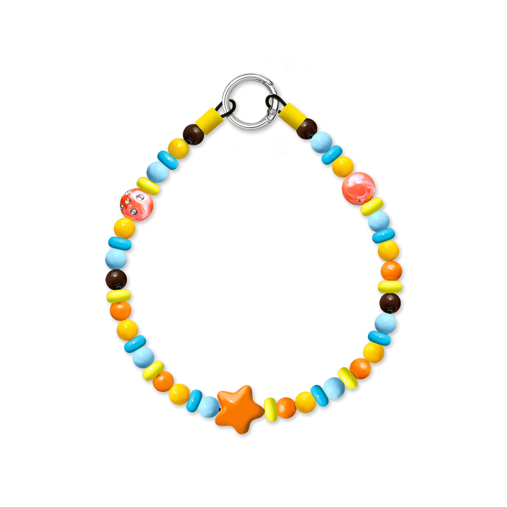 JOGIA star-themed beaded dog collar with blue, yellow, brown, and orange beads plus a star charm.