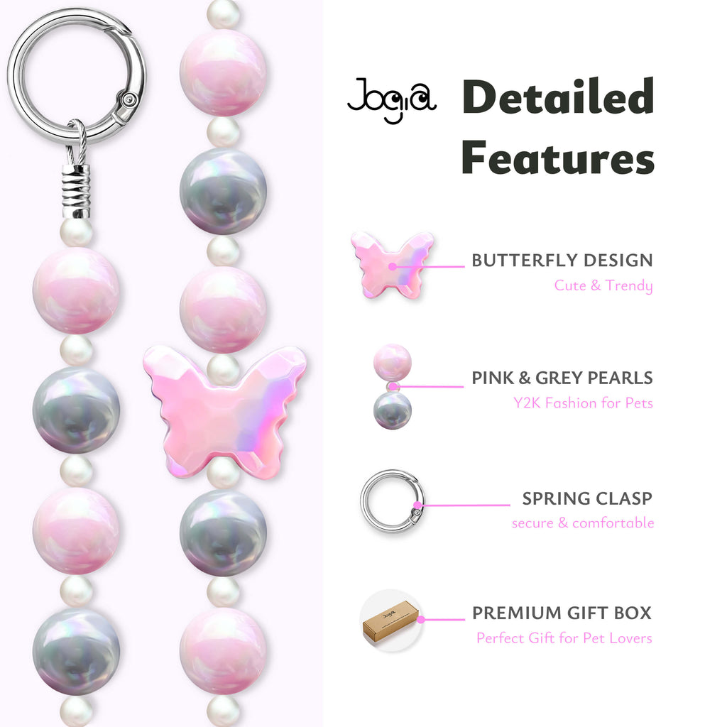 JOGIA detailed features graphic showing butterfly charm, pearl-gloss beads, clasp, and gift box.
