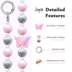 JOGIA detailed features graphic showing butterfly charm, pearl-gloss beads, clasp, and gift box.