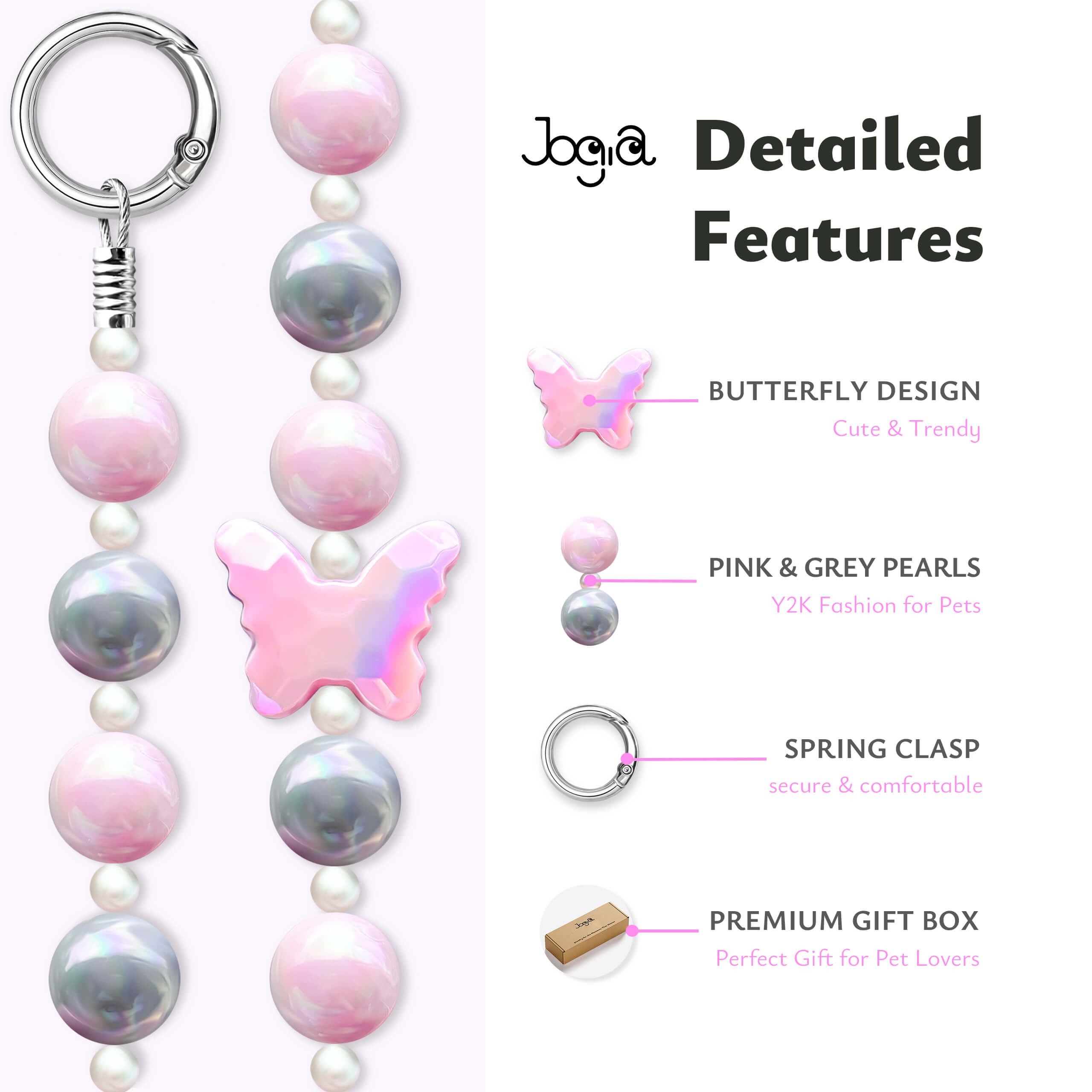 JOGIA detailed features graphic showing butterfly charm, pearl-gloss beads, clasp, and gift box.