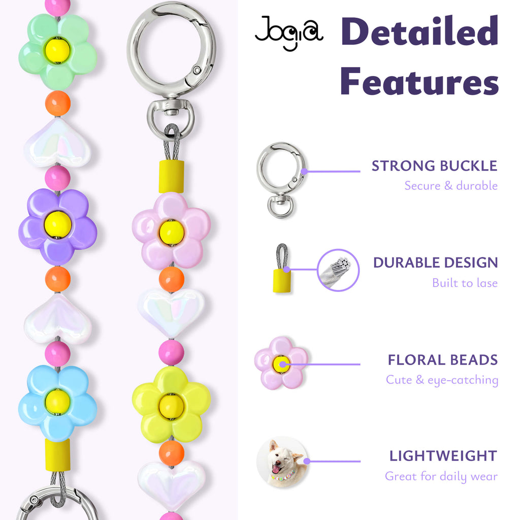 Detailed features graphic of the JOGIA floral beaded collar showing buckle, chain, and pastel flower beads.