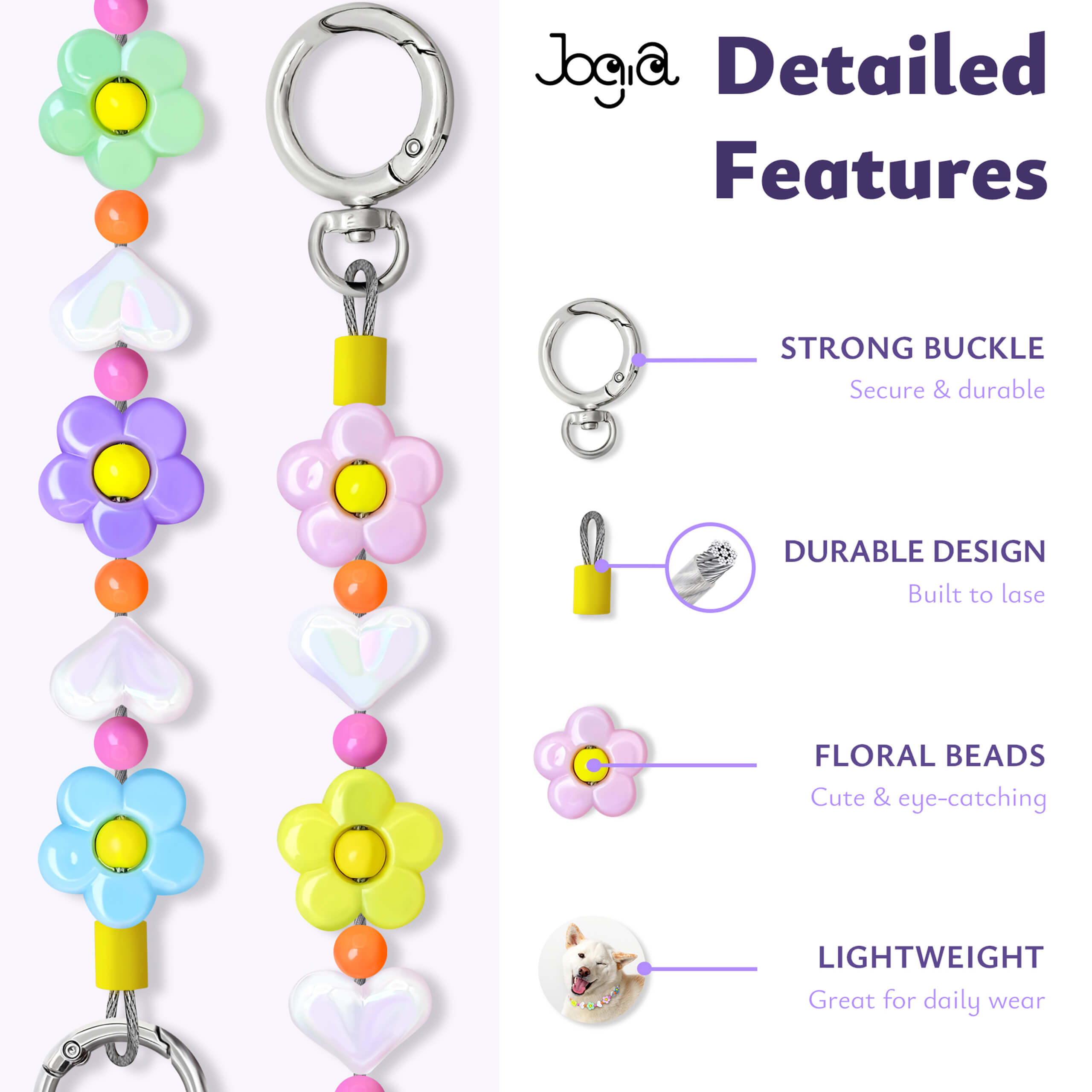 Detailed features graphic of the JOGIA floral beaded collar showing buckle, chain, and pastel flower beads.