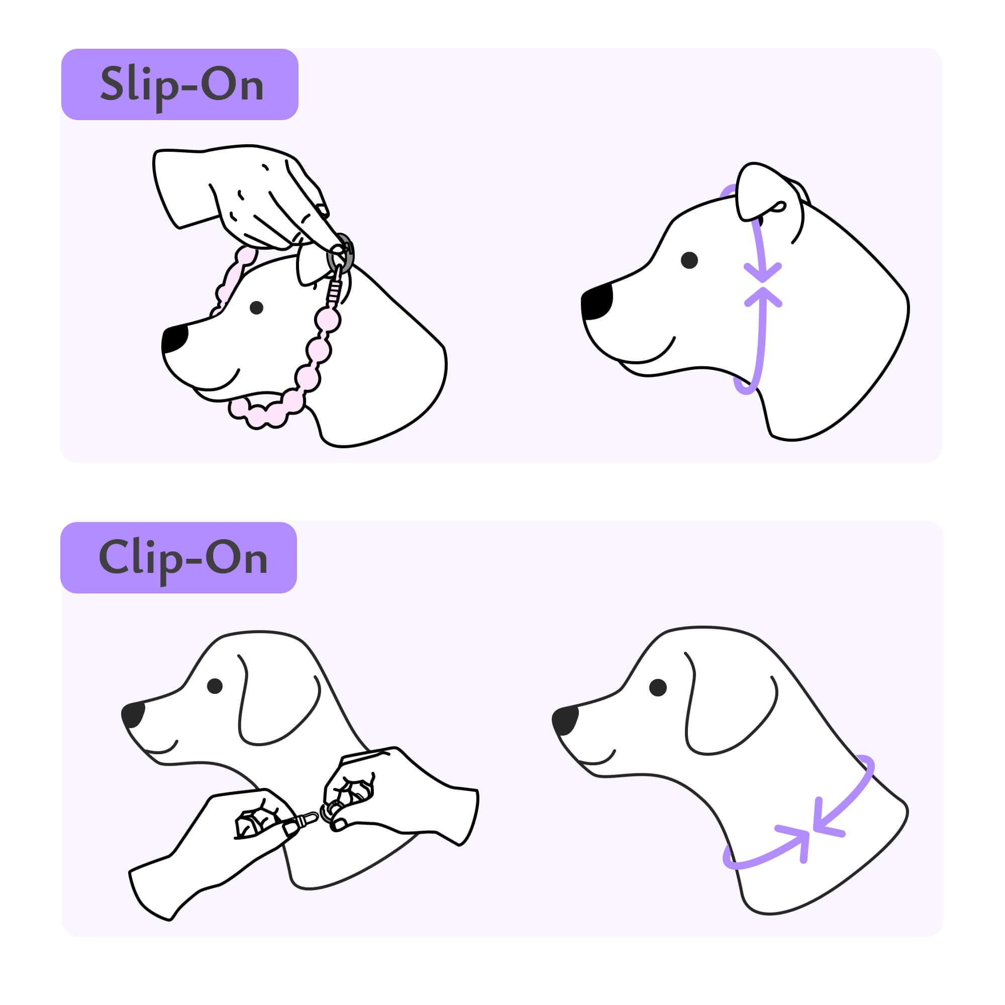  Illustration showing slip-on and clip-on ways to put on a JOGIA beaded dog collar.